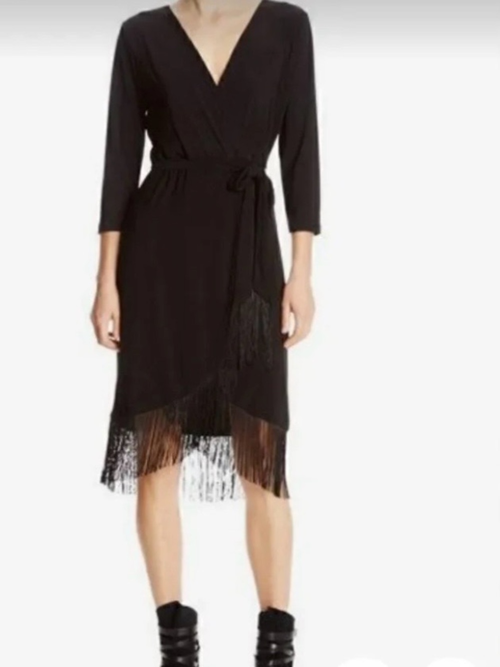 Spense Black Fringe Wrap Midi Dress